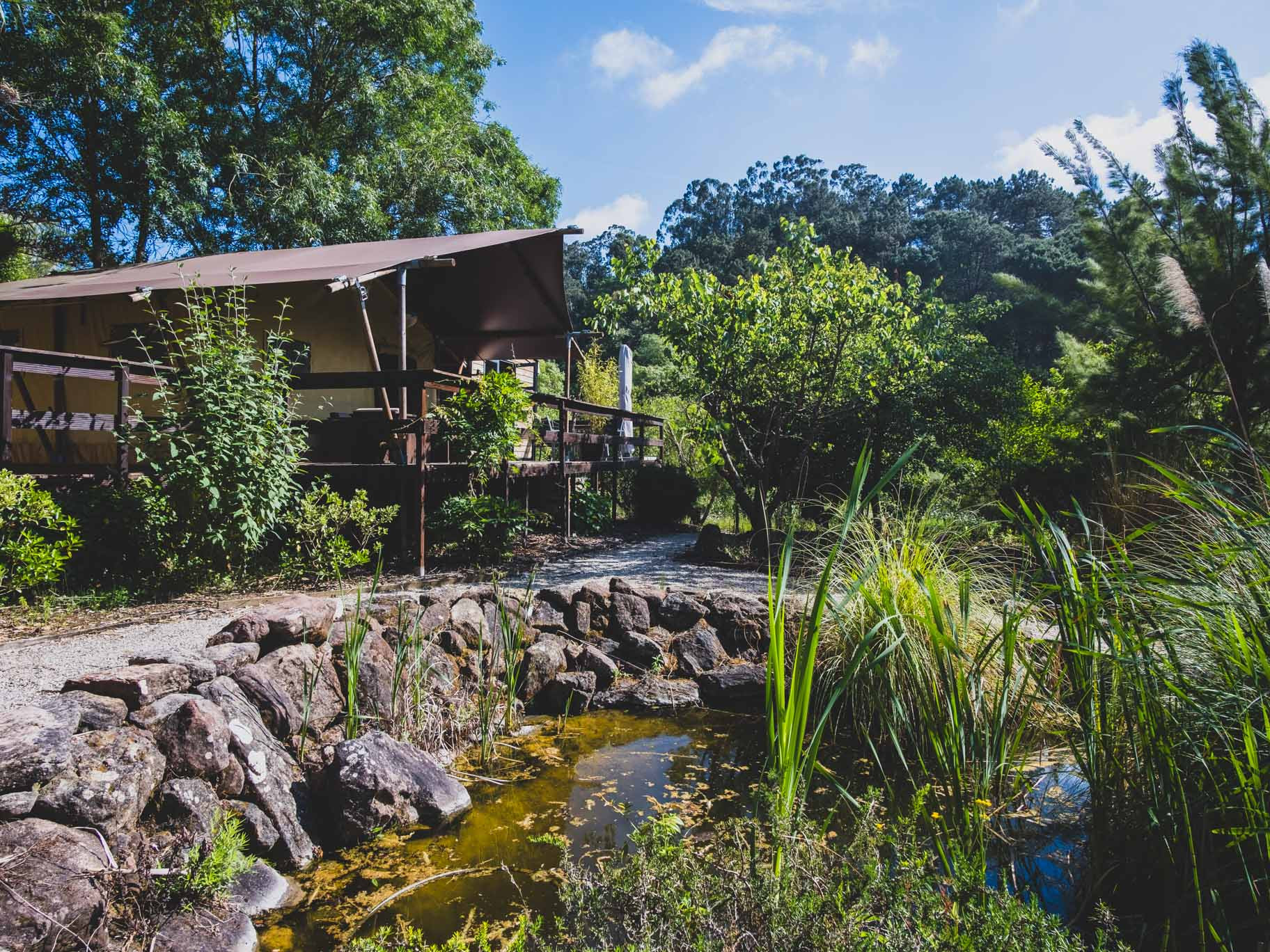 Wooden deck with tent canopy overlooking a small pond surrounded by rocks and dense greenery