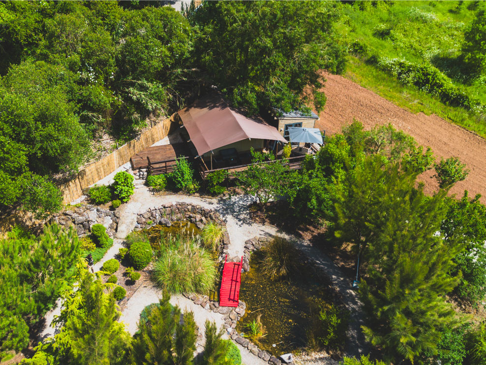 Aerial view of a small garden with a pond, red footbridge, trees, and a shaded tent structure.