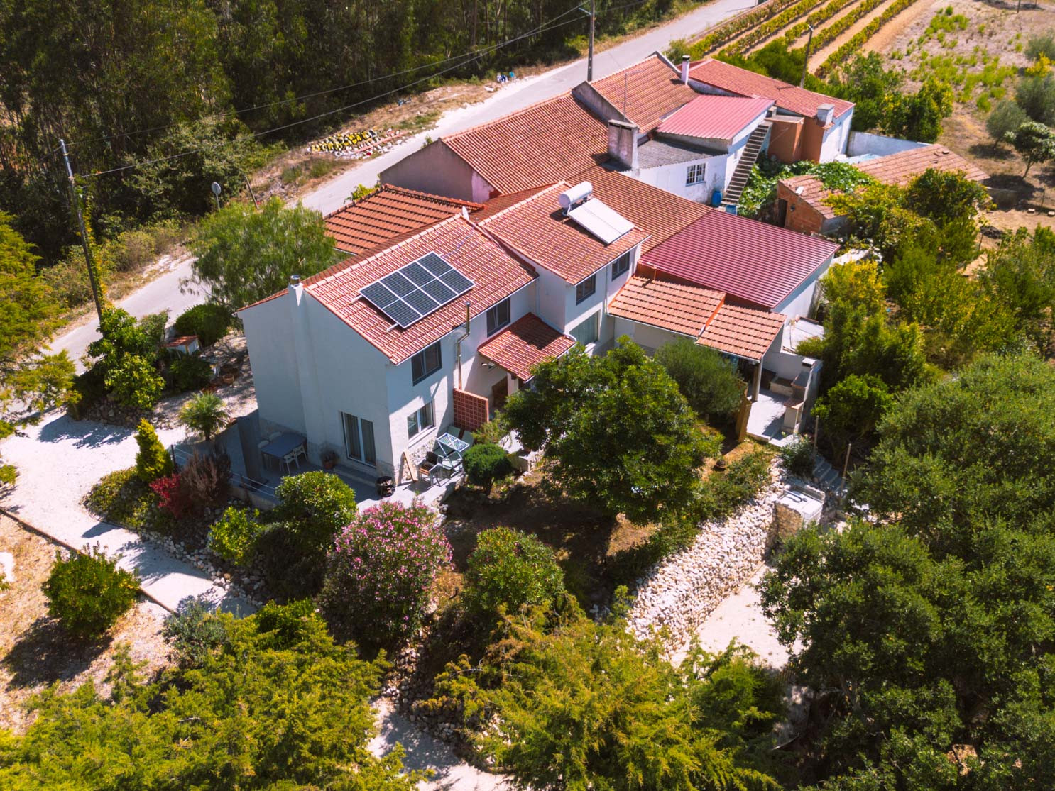 A cluster of white buildings with red roofs surrounded by trees and vegetation seen from above.