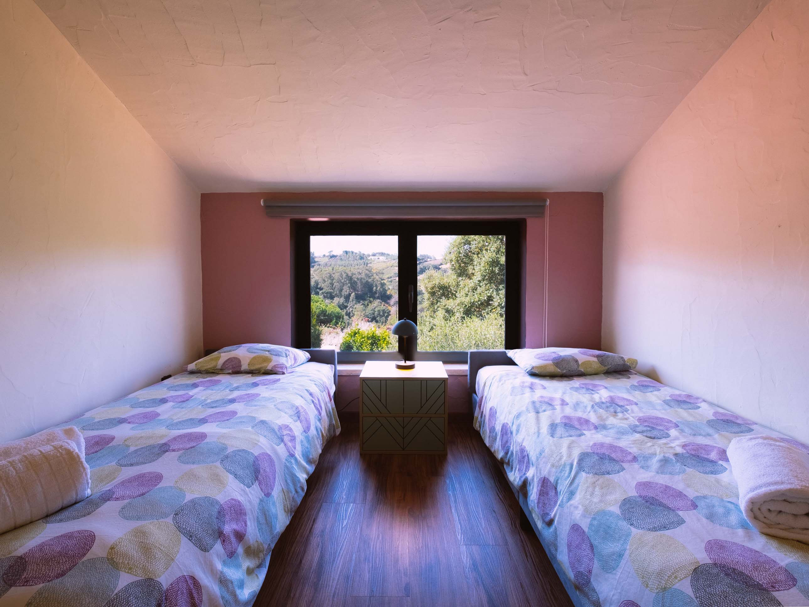 Room with two single beds, patterned bedspreads, and a window showing a green outdoor landscape.
